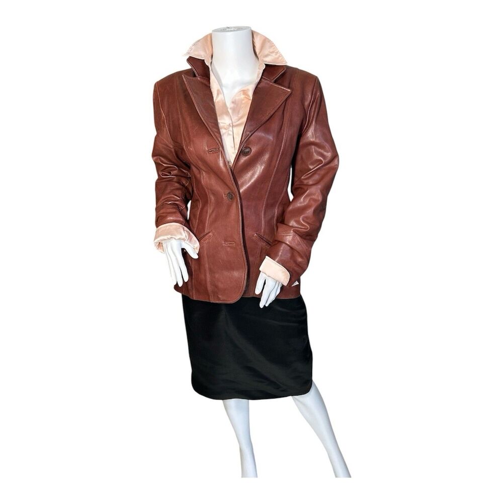 Wilsons Leather Pelle Studio Women’s Brown Leather Blazer Jacket Button Size L